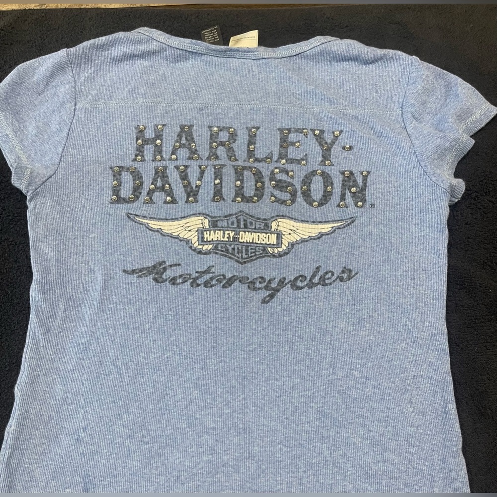 🩵Harley Davidson Sequin Short Sleeve Shirt Women’s Size L Blue🩵